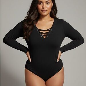 Hot Kiss Black Lace-Up Detail corset string stretchy, body suit, large sexy